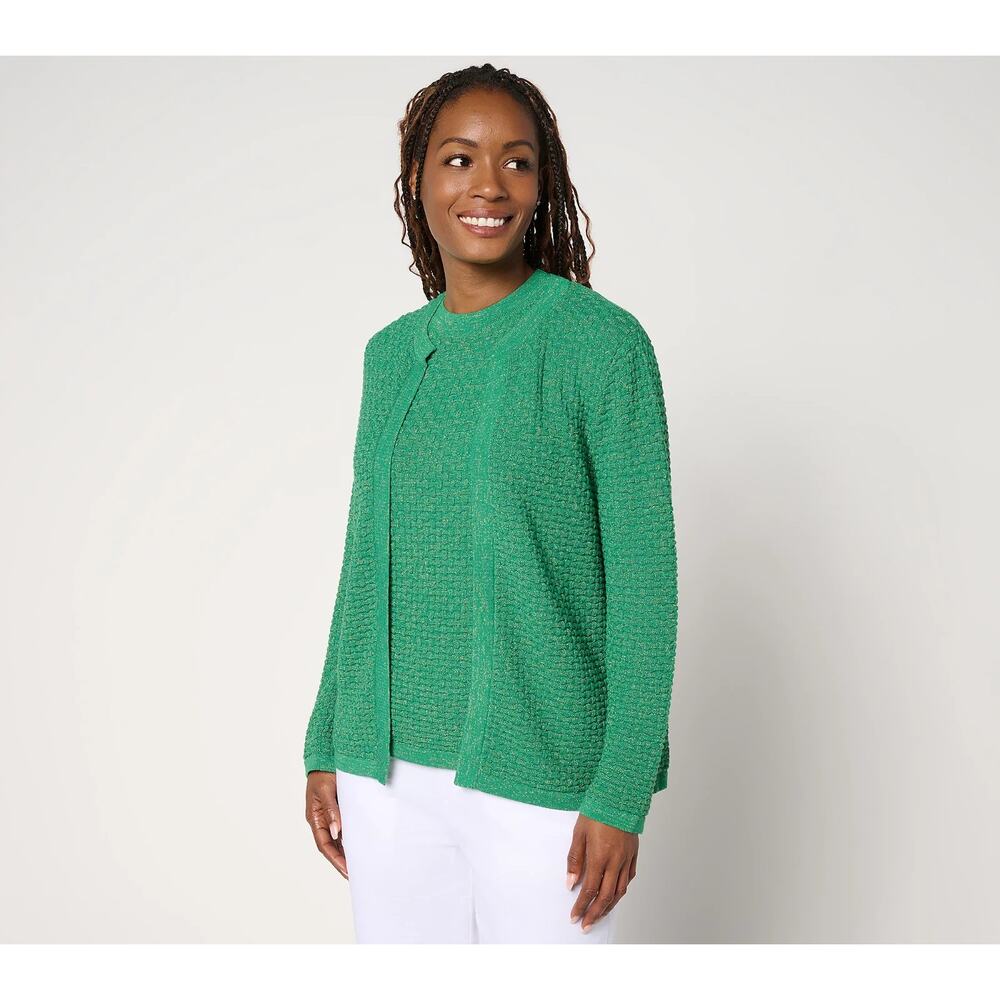 By Stacy London Basket Weave Cardigan with Lurex Kelly Green Womens Sz 2X Preppy
